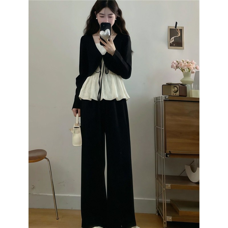 春秋女装胖mm显瘦温柔风套装假两件蕾丝拼接上衣+阔腿长裤两件套,女装/女士精品,时尚套装,淘宝优惠券,粉丝福利购,淘宝优惠卷