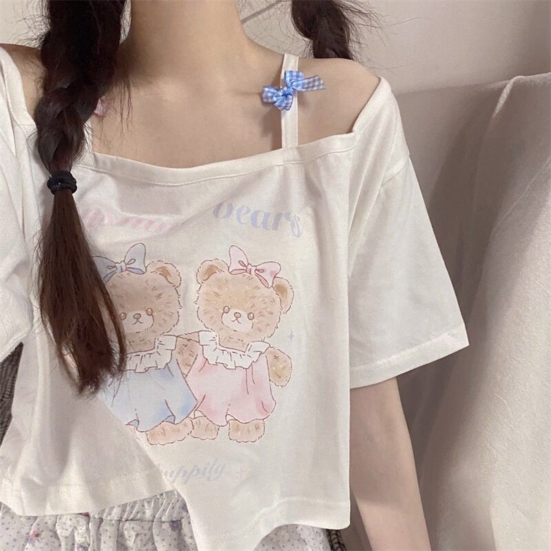 夏季新款纯欲风露肩蝴蝶结吊带短袖T恤女可爱学生短款甜辣上衣女