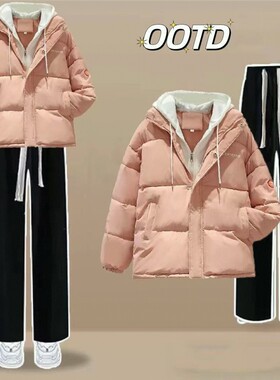 冬季女学生韩版宽松假两件连帽面包服外套+加绒加厚阔腿裤两件套