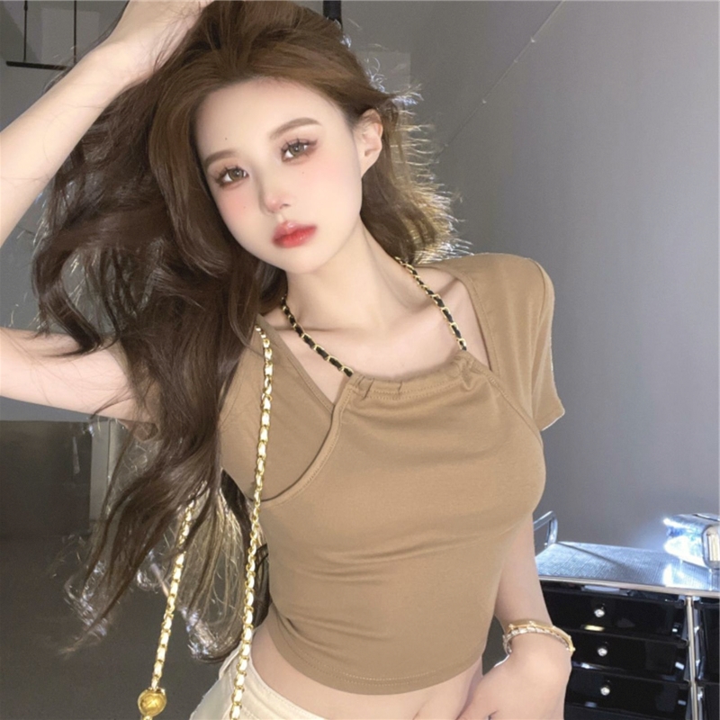 纯欲辣妹显瘦短款上衣女设计感小众夏独特别致假两件挂脖短袖t恤