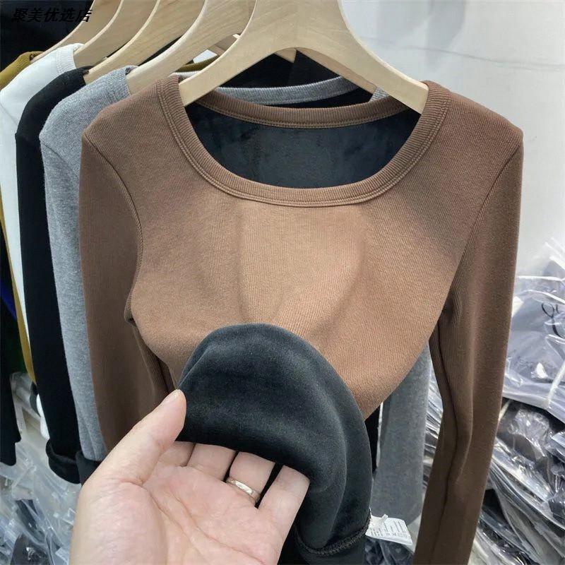 弹力大码T恤低圆领加绒打底衫加厚内搭女装一体绒上衣秋冬款胖MM