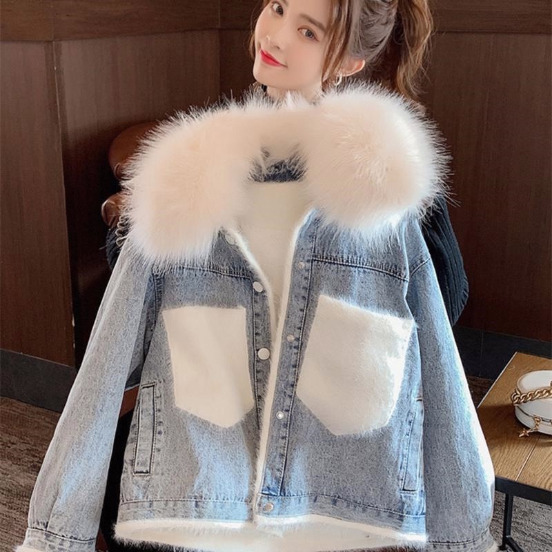 宽松加厚棉衣仿冬季女新款棉服潮大毛领外套狐狸韩版加绒牛仔2026