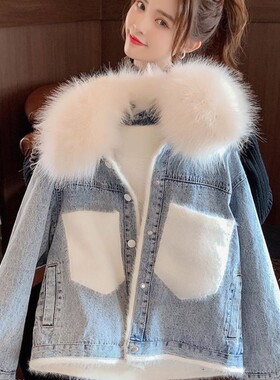宽松加厚棉衣仿冬季女新款棉服潮大毛领外套狐狸韩版加绒牛仔2026
