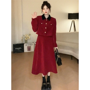 春秋冬装搭配一整套显瘦富家千金新年战袍红色连衣裙子小香风套装