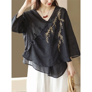 300斤大码 夏季 国风刺绣盘扣胖M80 宽松薄款 女 上衣轻薄古风新中式