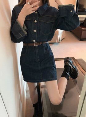 春秋牛仔收腰遮肚连衣裙桔梗裙复古新款胖MM法式显瘦小个子长袖子