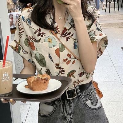 可爱碎花短袖雪纺衬衫女夏季设计感小众宽松日系短款上衣港风衬衣