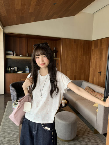 韩系甜美木耳边波点小花短袖T恤