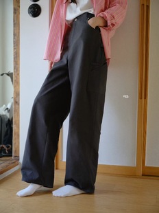 王 高腰直筒休闲阔腿裤 egg正品 裤 韩系百搭宽松多口袋工装 瘦腿裤