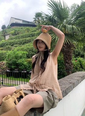 麻感序章！FB 韩系慵懒风100%亚麻荷叶边格纹无袖背心女小衫上衣