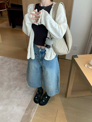 美式复古高腰显瘦牛仔七分阔腿裤