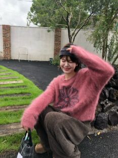 绒冬物语!LB正品韩系氛围感拉毛羊毛雏菊圆领宽松套头针织衫毛衣