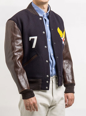 riskrider  陆航徽章毛呢拼马皮皮袖 棒球夹克 R1927