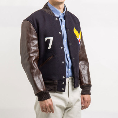 riskrider  陆航徽章毛呢拼马皮皮袖 棒球夹克 R1927