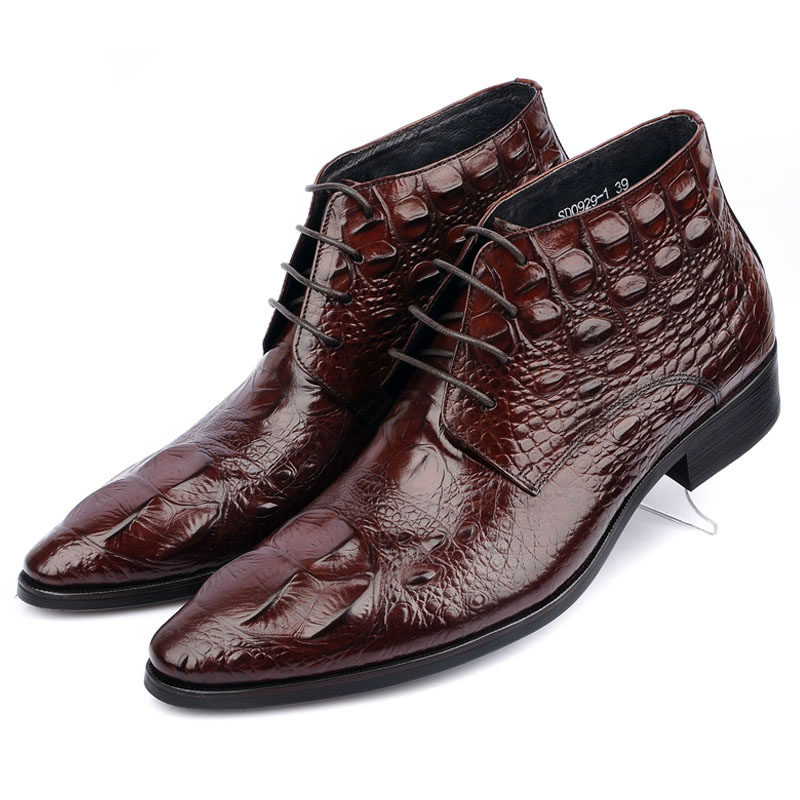 秋冬款潮男真皮短靴马丁靴鳄鱼纹男士皮靴子英伦尖头高帮男鞋正品