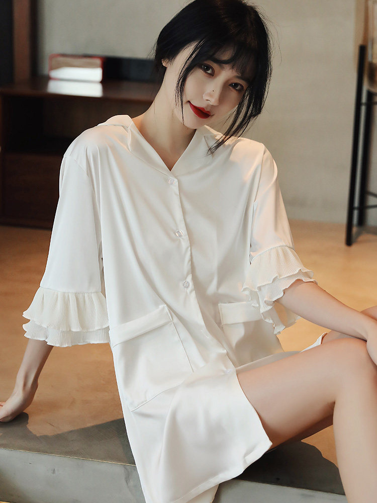 봄 가을 여성용 프렌치 센타 KTICE 아이스 실크 잠옷 여름에도 밖에서 입을 수 있는 섹시한 남친 스타일의 셔츠 드레스 잠옷