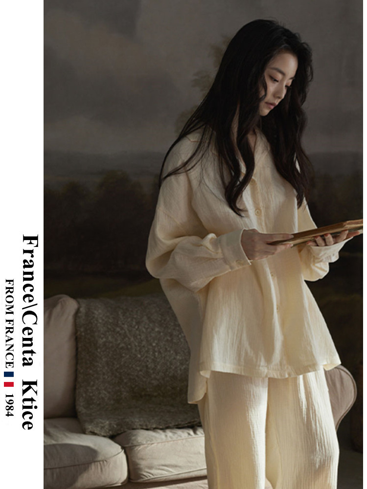 프랑스 CENTA KTICE 커플 잠옷 여성용 봄 가을 짠 면화 거즈 남성용 긴팔 가정 의류 여름