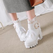 欧美系带短筒马丁靴及裸靴蕾丝皮带扣厚底机车靴休闲白色浅色女鞋