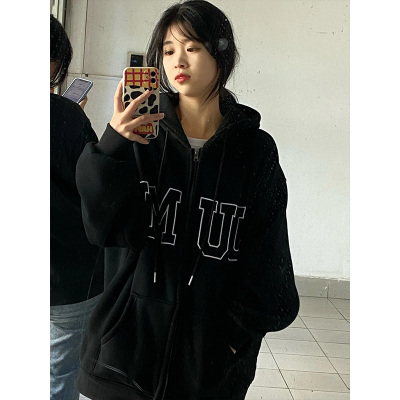 2025新款爆款拉链慵懒风外套秋冬大码加绒加厚连帽黑色卫衣女开衫