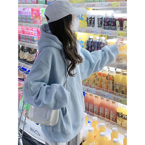 高级感超好看蓝色女款2023新款爆款秋冬加绒加厚大码即墨连帽