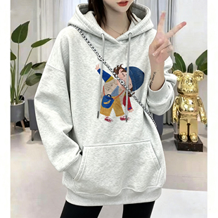 连帽卫衣女款2025新款小个子秋季宽松慵懒风加绒加厚大码灰色上衣