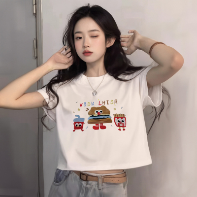 白色正肩短袖t恤女短款小上衣