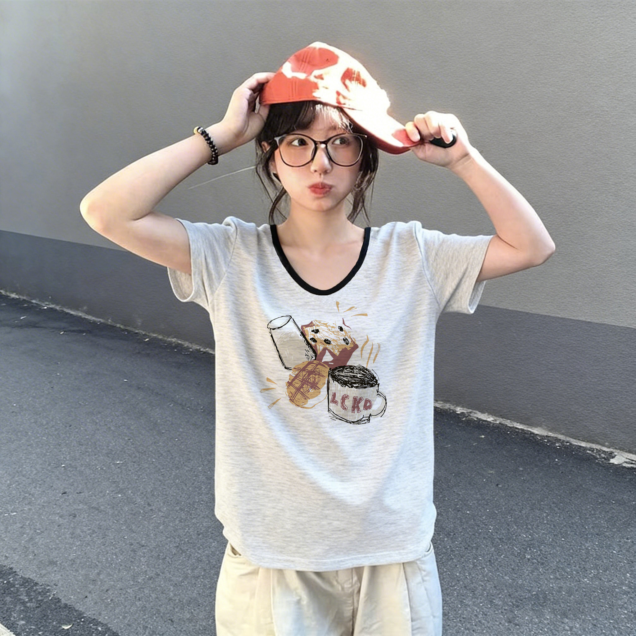 纯棉短袖t恤女2026新款爆款夏季穿搭正肩v领设计感小众美式上衣图片