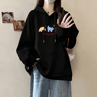 美式连帽卫衣女款小个子2025新款秋冬加绒大码胖mm女装黑色上衣