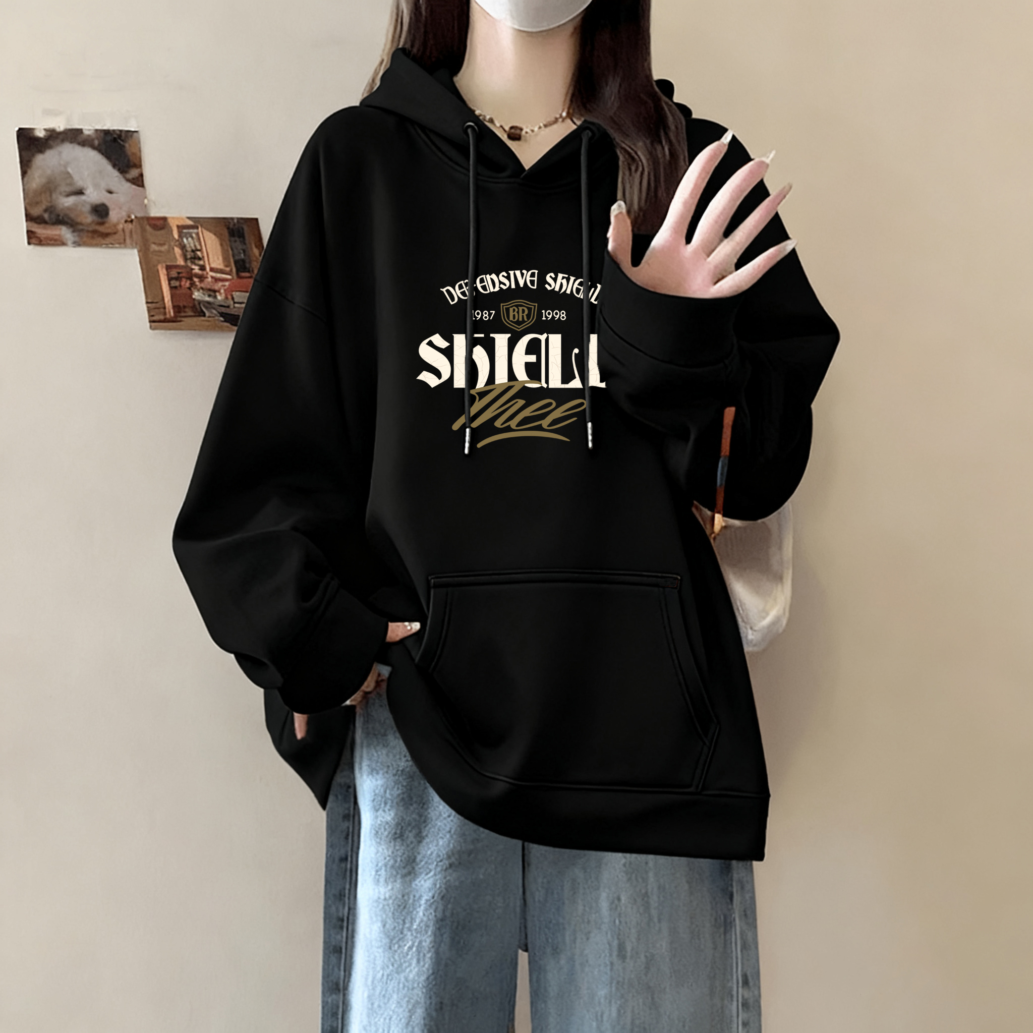 oversize美式穿搭加绒卫衣女