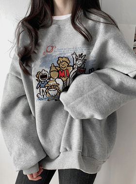 春秋季加绒卫衣女款小个子2025新款宽松大码胖mm圆领无帽灰色上衣