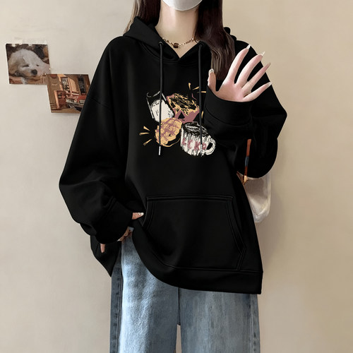 黑色连帽卫衣女2026新款秋季加绒
