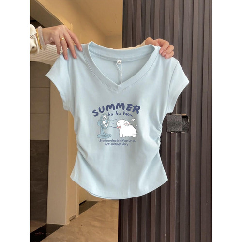 v领短袖韩系t恤女短款上衣