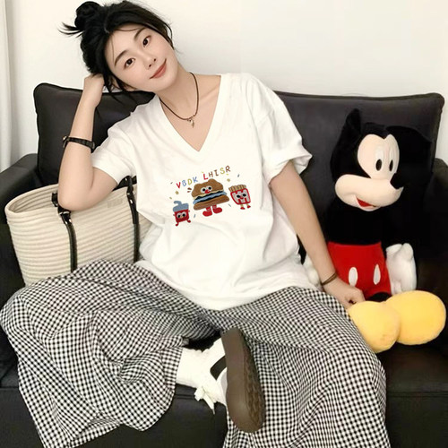 纯棉白色短袖t恤女慵懒风v领上衣
