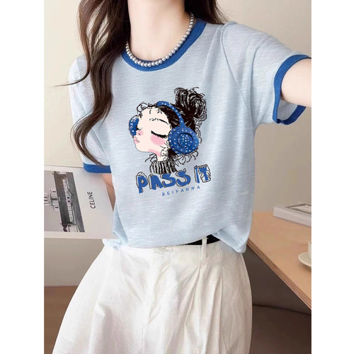 竹节棉撞色短袖t恤女上衣