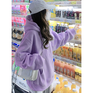 中长款卫衣女遮屁股加绒2025新款爆款秋冬连帽慵懒风大码紫色上衣