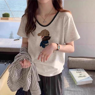 正肩女t恤夏季 显瘦撞色2025超火减龄上衣服 灰色微胖短袖 纯棉修身