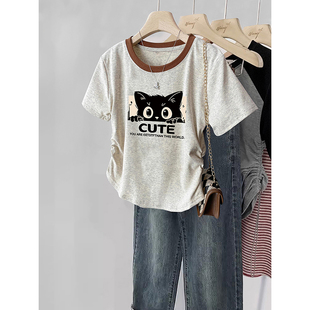 2024新款夏正肩短袖t恤女设计感显瘦遮肉收腰小飞袖修身短款上衣