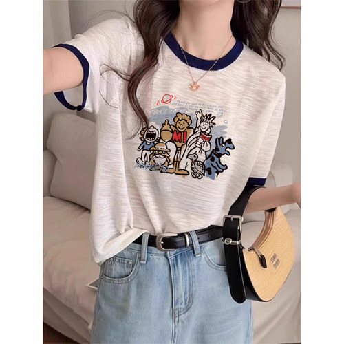 竹节棉白色短袖t恤女2026新款爆款夏季美式正肩大码超火减龄上衣