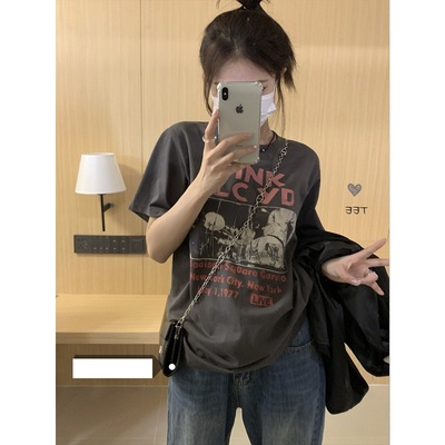 纯棉短袖t恤夏季大码半袖女装2026年新款深灰色正肩宽松微胖上衣