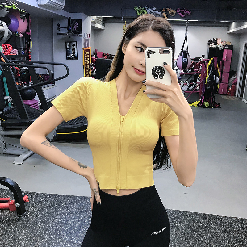 运动上衣女前拉链显瘦瑜伽服短袖