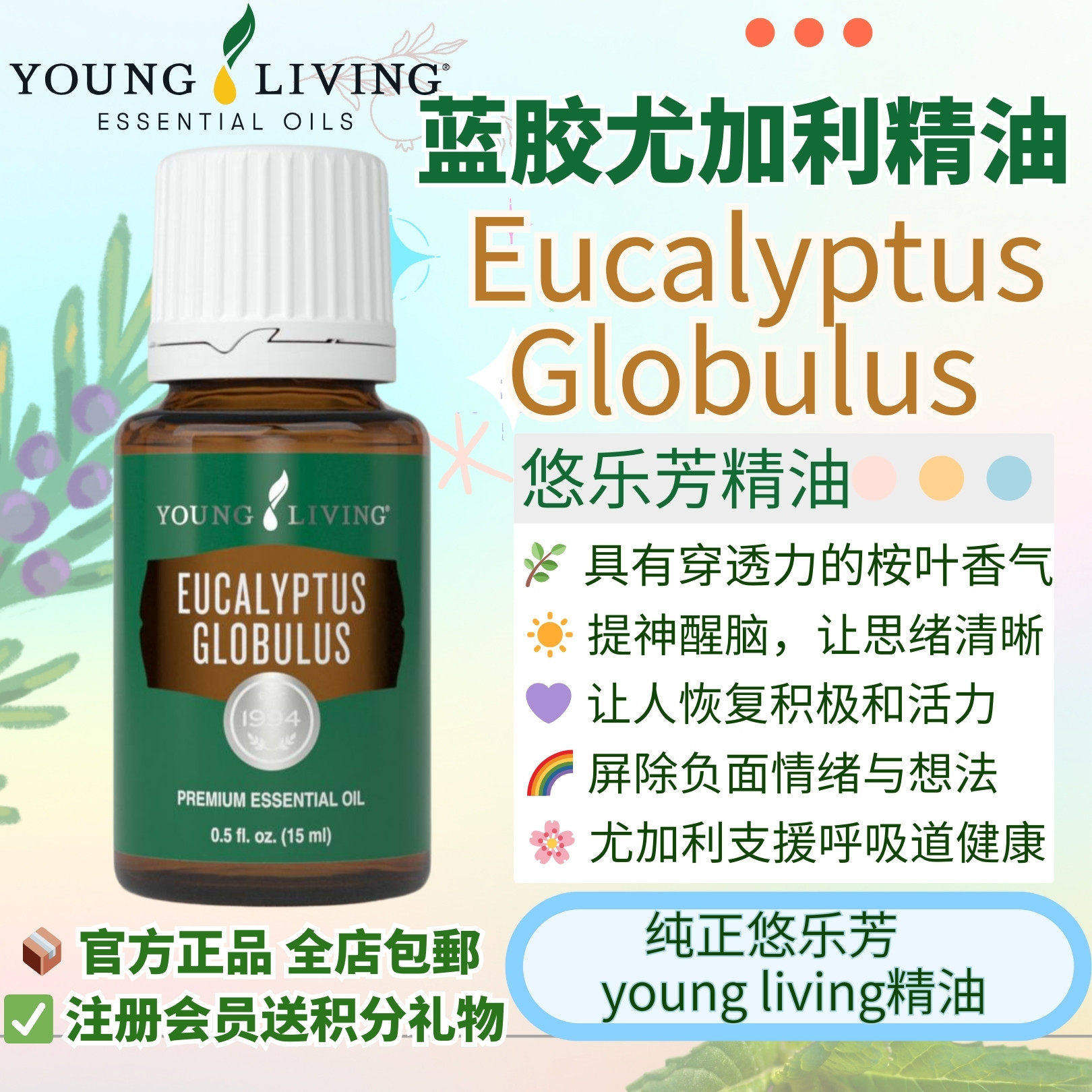 Young living悠乐芳蓝桉尤加利精油eucalyptusglobul按摩身体清洁