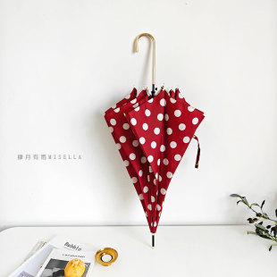 2024限量款 复古红白波点金钩超轻长柄自动开抗风防晒晴雨伞 法式