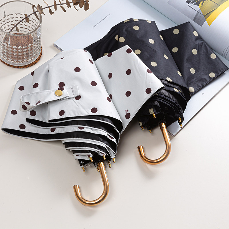 日系超轻防晒黑胶小巧便携金弯钩柄遮阳遮热三折伞波点太阳紫外线