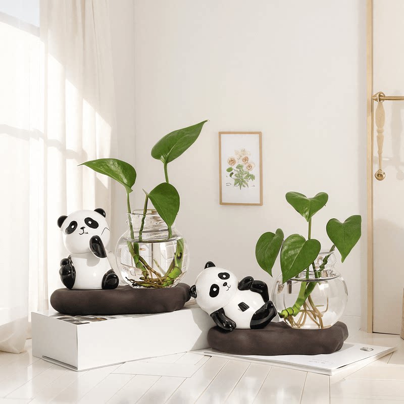 创意玻璃花瓶水培植物绿萝熊猫办公室桌面装饰品摆件客厅插花器皿