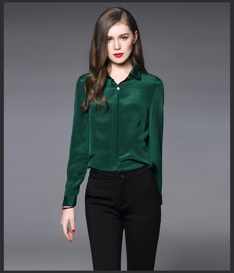 2024春秋新款真丝衬衫女士修身绿色桑蚕丝上衣职业衬衣OL气质洋气