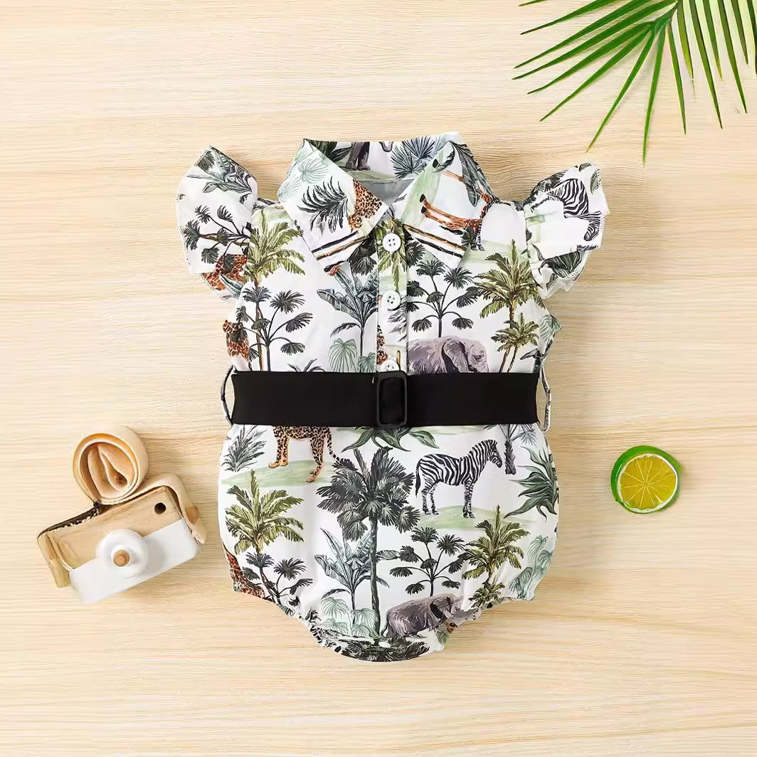 外贸INS新生婴幼儿女宝宝夏季款花边袖翻领满印腰带包屁三角哈衣,童装/婴儿装/亲子装,连身衣/爬服/哈衣,淘宝优惠券,粉丝福利购,淘宝优惠卷