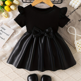 圆领套头蝴蝶结拼接皮裙连衣裙 短袖 外贸INS婴幼小童女宝宝夏季 款