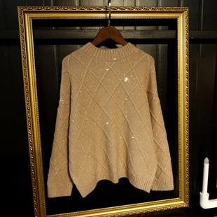 亮片亮丝格子毛衣欧洲站名媛风半高领宽松显瘦时尚百搭闪闪上衣女