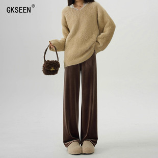 松紧腰休闲阔腿裤 直筒裤 美拉德棕质感宽松显瘦窄版 新款 女2025春季