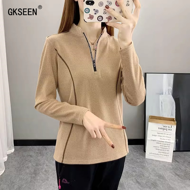 长袖T恤女2025年春季新款户外运动登山服轻薄卫衣立领速干抓绒衣